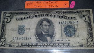 1934 B Five Dollar Silver Certificate Blue Seal Scarce photo