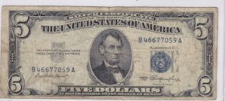 F - Vf 1953 Blue Seal $5.  00 Silver Cert Old Cash Rare Us Money Vintage Currency photo