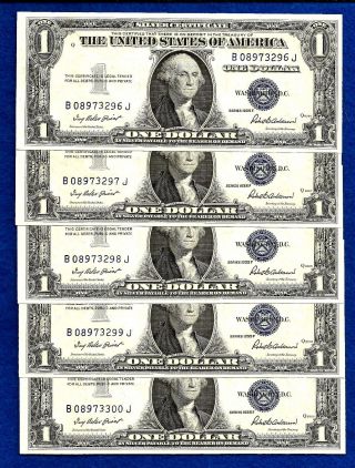 5 1935 F Consecutive & Uncirculated One Dollar Silver Certificates photo