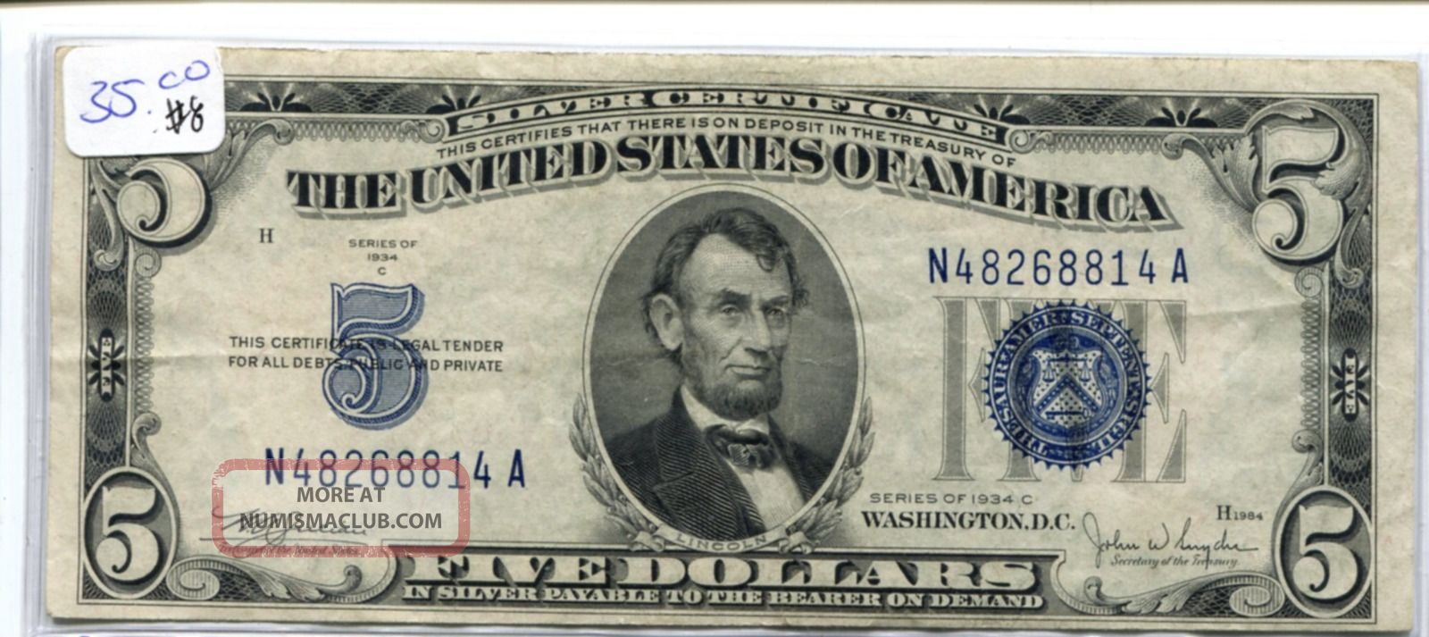 1934 C 5 Dollar Silver Certificate Stunning Xf Au 8
