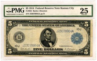 1914 $5 Frn Kansas City Fr882 Burke / Houston Pmg Vf 25 photo