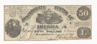 T - 14 1861 Circulated Fifty Dollars Confederate Currency photo
