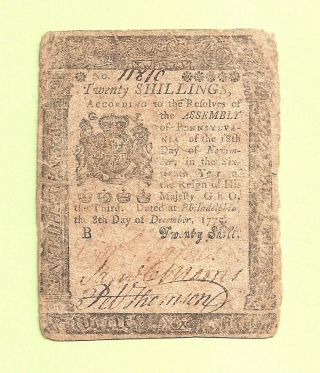 1775 December Twenty Shillings Pennsylvania Affordable Colonial Currency photo