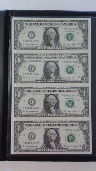 2009 Uncut Sheet Of 4 $1 Bills Paper Currency Bankers Vault Portfolio Certified photo
