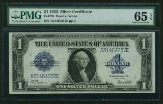 1923 $1 Silver Certificate Banknote Fr238 Gem Uncirculated Certified Pmg - Cu65epq photo