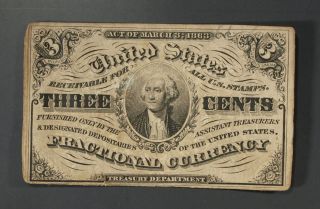 1864 Us Fractional Currency Three Cents,  3rd Issue Civil War Piece Vg (a) photo