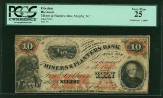 Miners & Planters Bank 1860 $10 Obsolete Banknote,  Certified Pcgs Vf25 photo