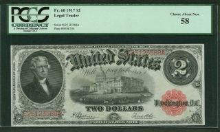 1917 $2 Legal Tender Banknote Fr - 60 Choice Almost Uncirculated Certified Pcgs - 58 photo