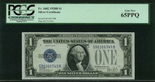 U.  S.  1928 - B $1 Silver Certificate Banknote Fr - 1602,  Certified Pcgs Gem 65 - Ppq photo