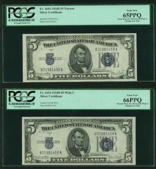 U.  S.  1934 - D $5 Dollars Silver Certificates Certified Pcgs 65ppq & 66ppq,  Fr - 1654 photo