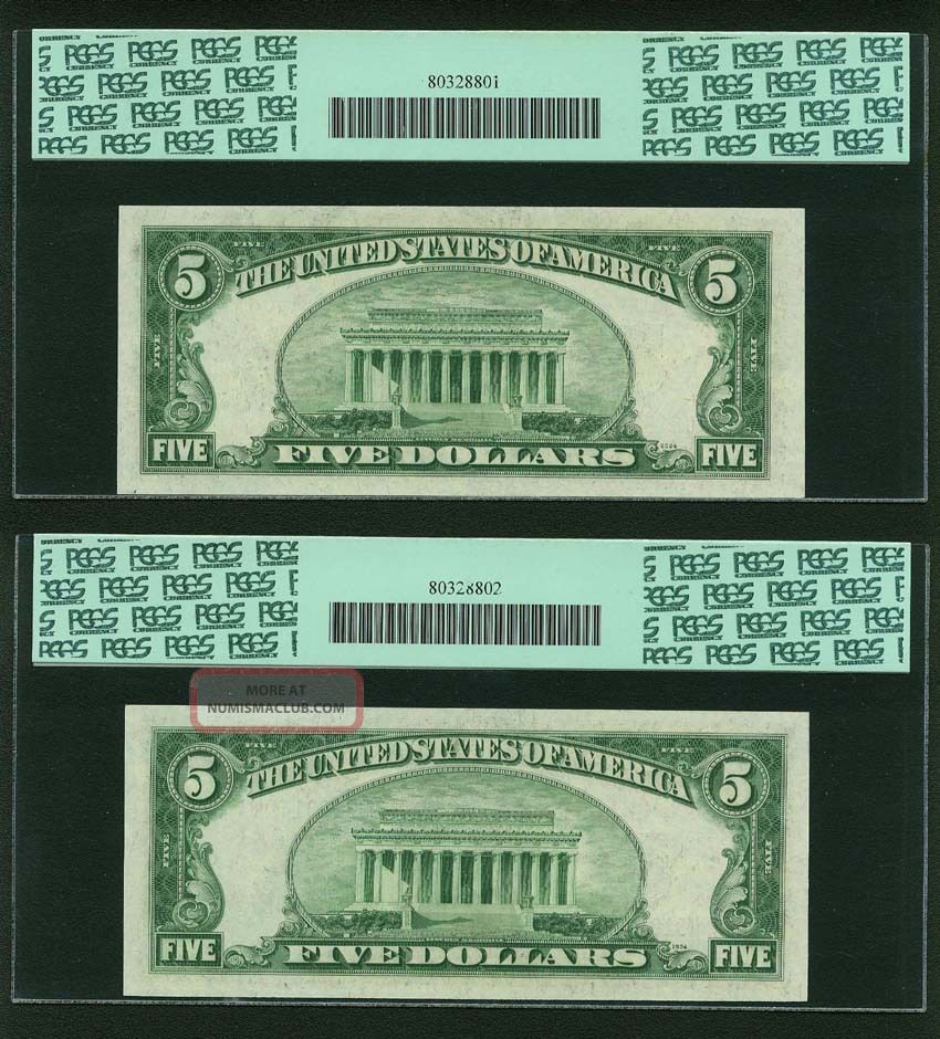 U S 1934 D $5 Dollars Silver Certificates Certified Pcgs 65ppq