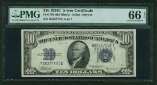 U.  S.  1934 - C $10 Silver Certificate Banknote Fr - 1704,  Certified Pmg Gem 66 - Epq photo