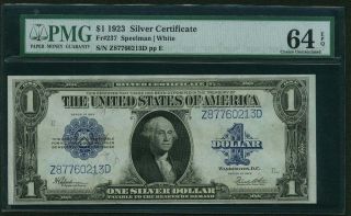 1923 $1 Silver Certificate Banknote Fr - 237,  Certified Pmg Choice Uncirculated - 64 photo