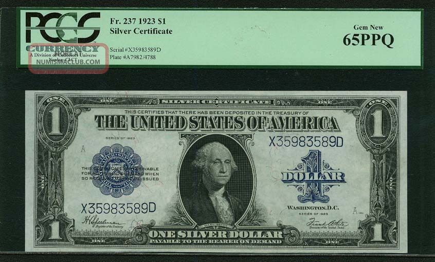 1923 $1 Silver Certificate Banknote Fr237 Gem Uncirculated Cert Pcgs