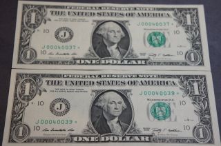 Fancy,  Two 2009 Us One Dollar Serial Number Fancy With Star Note J00040037,  39 photo