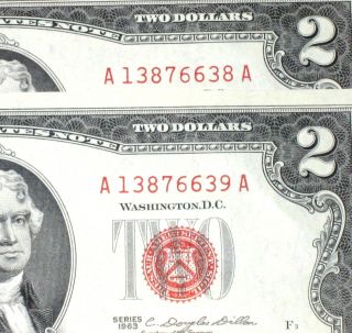 2 Consecutive 1963 $2 Dollar Red Seal Uncirculated More Currency 4 Uq photo