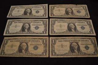 (6) $1 Bills - 1957,  1957 - A & 1957 - B U S One Dollar Bills Six $1 Bills photo