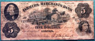 1863 Farmers And Merchants Bank Five - Dollar Note - Elkton,  Md photo