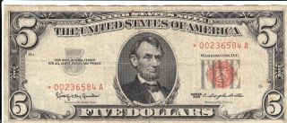 1963 $5 Red Seal Star Note United States Currency Antique 10 20 50 photo