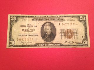 Rare 1929 $20 National Currency Bank Of Minneapolis Hot Collector Note photo