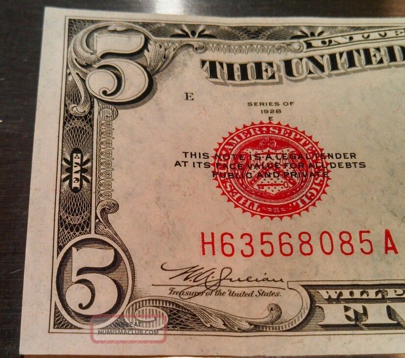 1928 E 5 Dollar Bill, Crisp Bright Red Seal Rare In This(04)