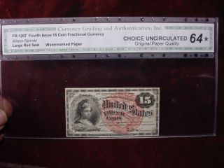 15 Cents Fractional Currency,  4th Issue,  Fr - 1267 Cga Choice Uncirculated 64 Opq photo
