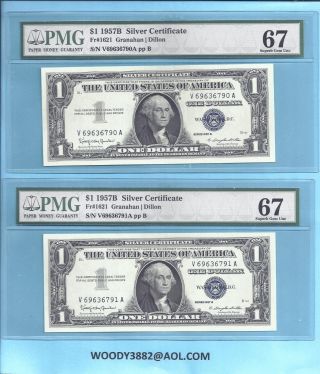 2 Consec 1957b Silver Certificate $1.  Fr - 1621 V - A Block Pmg 67 Sup - Gem 6790 - 691 photo