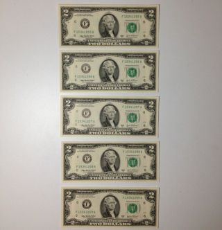 2 Dollar Bills,  Five (5) Uncirculated $2 Bill Note Sequential Order photo