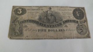 1861 $5 Civil War Richmond,  Va.  Obsolete Note photo