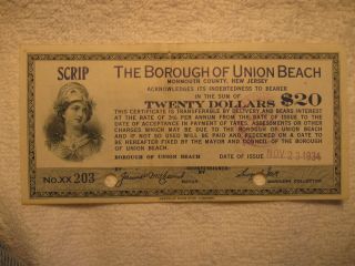 American Bank Note 1934 $20 Borough Of Union Beach,  Nj 3% Interest Tax Dollar photo