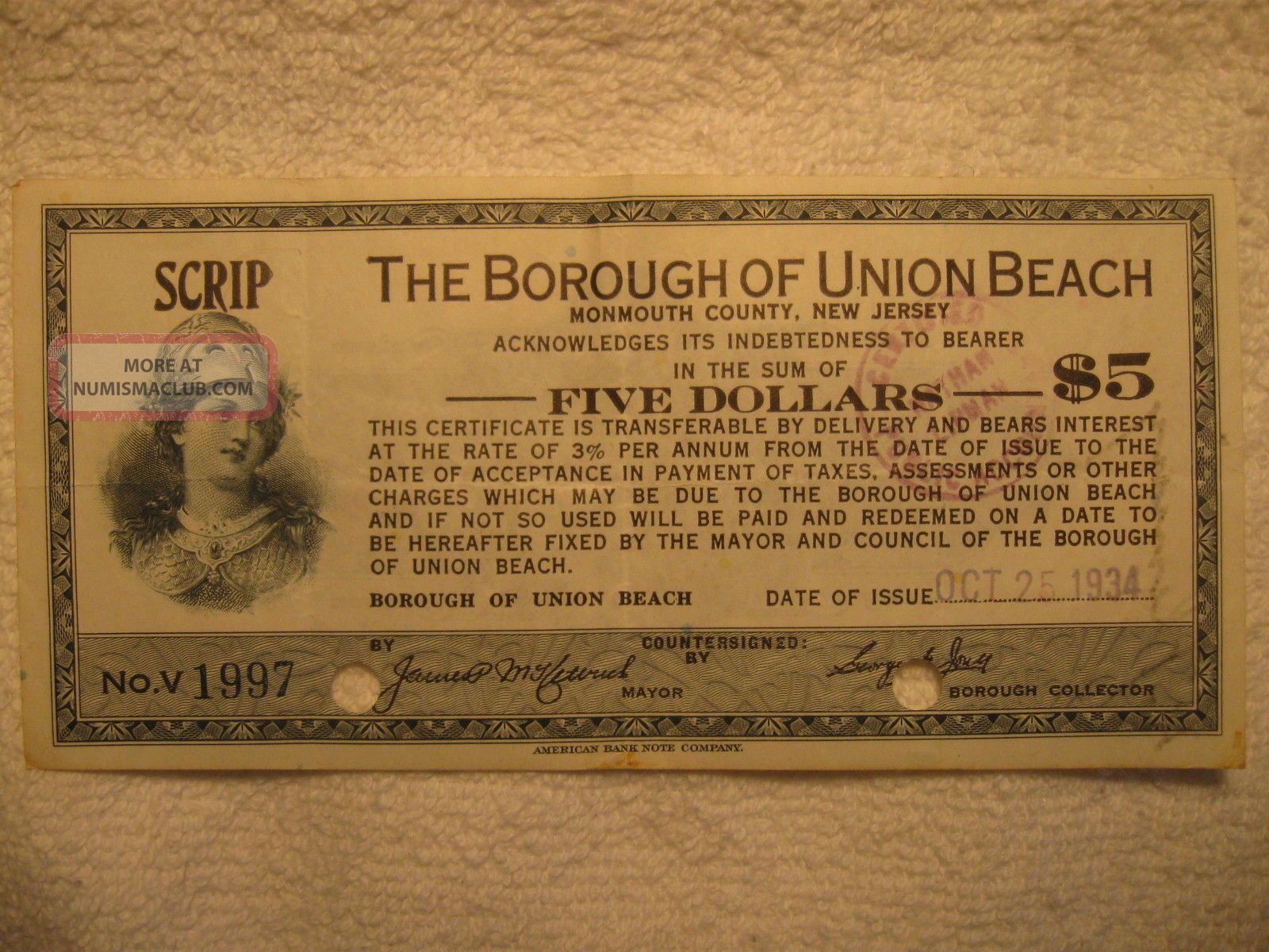 American Bank Note 1934 $5 Borough Of Union Beach,  Nj 3% Interest Tax Dollar Small Size Notes photo