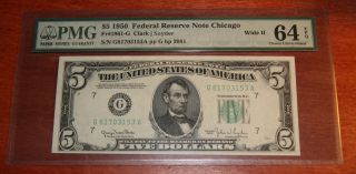 1950 $5 Chicago Federal Reserve Note Pmg Choice Unc 64 Epq Uncirculated photo