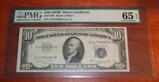 1953b $10 Silver Certificate Pmg 65 Epq Gem Unc photo