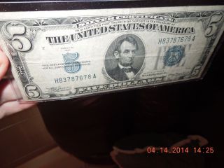 1934 A $5 Dollar Silver Certificate Blue Seal Us Bill / Bill photo