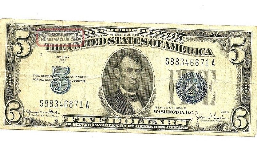 United States Of America Rare $5 Dollar Bill 1934 D Series Paper Money