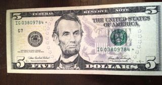 Federal Reserve $5 Star Note Series 2006 Serial : Ig03809784 photo