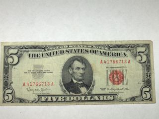 Vintage 1963 Usa 5 Dollar United States Note; A41766718a; Red Seal photo