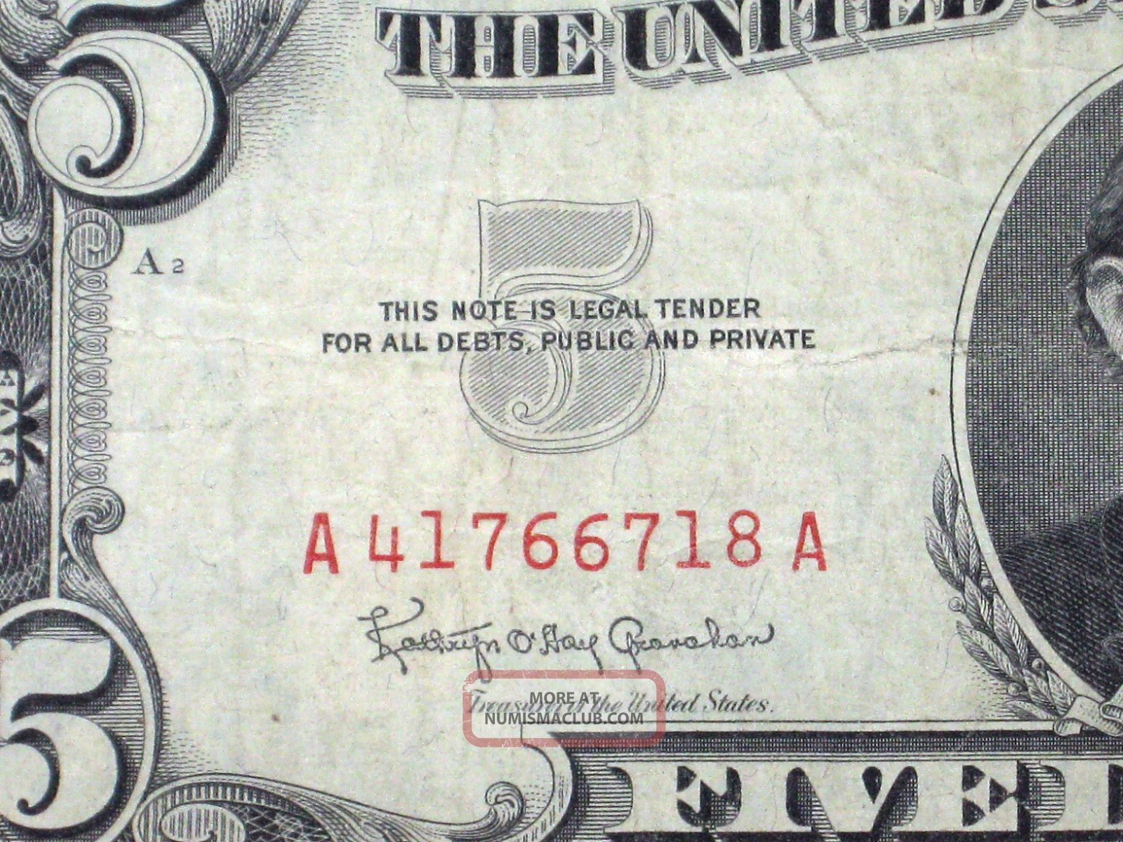 Vintage 1963 Usa 5 Dollar United States Note A41766718a Red Seal