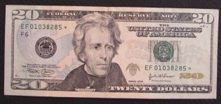 2004 $20 Dollar Star Note Circulated Vg Serial Ef01038285 photo