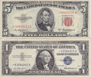 2 Vf Stars 1953a $5.  00 Us Note & 1957 $1.  00 Silver Certificate.  Rare Combo photo