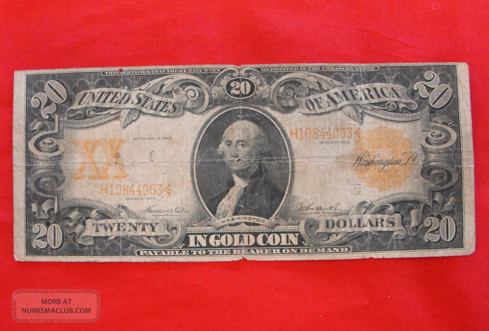 1906 $20 Gold Certificate Washington Teehee Burke 1186 Twenty Dollar Note Vg/f Large Size Notes photo