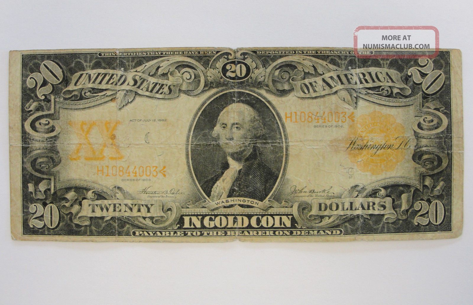 1906 $20 Gold Certificate Washington Teehee Burke 1186 Twenty Dollar