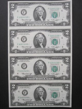 1976 $2 Star Note F Atlanta Low 00 Uncut Sheet Of 4 Unc United State Currency photo