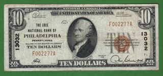{philadelphia} $10 The Erie National Bank Of Philadelphia Pa Ch 13032 Vf+ photo