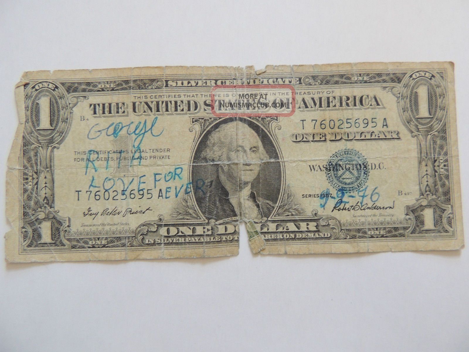 1957 One Dollar Silver Certificate Blue Seal Series T Note