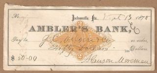 1878 Alanson Moremen Jacksonville,  Fl Stamped Revenue Ambler ' S Bank Check Citrus photo