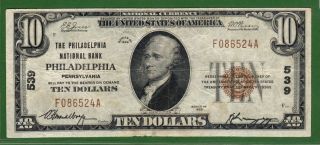 {philadelphia} $10 The Philadelphia National Bank Philadelphia Pa Ch 539 Vf+ photo