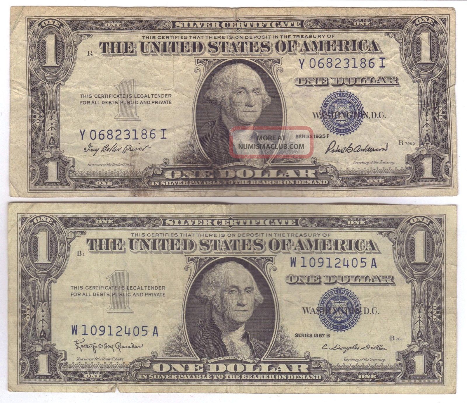 1935 F 1957 B One Dollar Silver Certificate Circulated See Scans