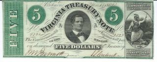 Obsolete Currency Virginia Treasury Note $5 Signed Issued 1862 Gem 9792 photo