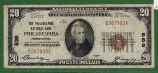 {philadelphia} $20 The Philadelphia National Bank Philadelphia Pa Ch 539 Vf+ photo
